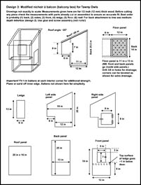 Tawny owl, Strix aluco, owl, nest box, nestbox, letterbox, nichoir balcon, design, plan, construction